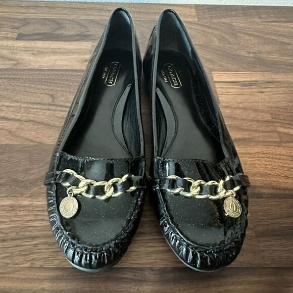 Coach Black Glitter Flats Loafers Drivers Charm Designer Patent Leather Size 6.5 - Picture 2 of 12